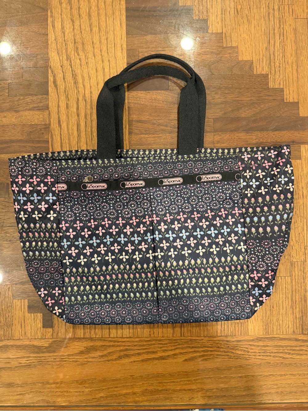 Lesportsac small tote black with floral pattern